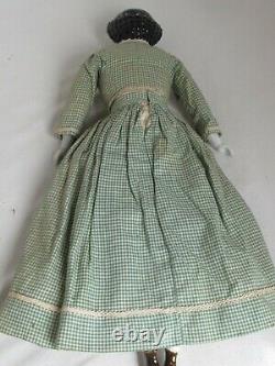 Antique German 19 Black Hair China Head c. 1860 Antique Green Gingham Clothes