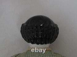 Antique German 19 Black Hair China Head c. 1860 Antique Green Gingham Clothes