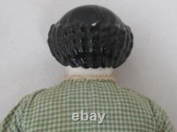 Antique German 19 Black Hair China Head c. 1860 Antique Green Gingham Clothes