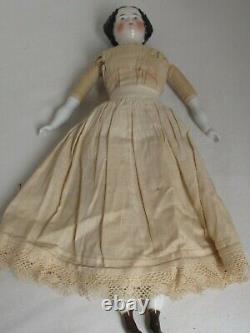 Antique German 19 Black Hair China Head c. 1860 Antique Green Gingham Clothes