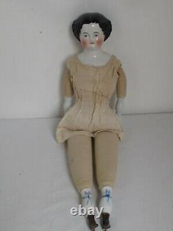 Antique German 19 Black Hair China Head c. 1860 Antique Green Gingham Clothes