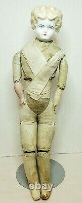 Antique German 19 Blonde China Head Civil War Era 1860 Leather Jointed Body