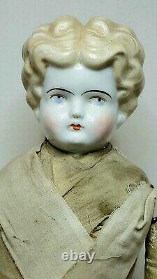 Antique German 19 Blonde China Head Civil War Era 1860 Leather Jointed Body