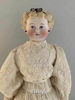 Antique German 20 Dolly Madison Parian China Head Doll Bow Earrings Lace Dress