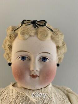 Antique German 20 Dolly Madison Parian China Head Doll Bow Earrings Lace Dress