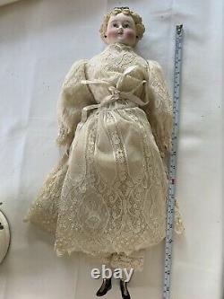 Antique German 20 Dolly Madison Parian China Head Doll Bow Earrings Lace Dress