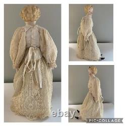 Antique German 20 Dolly Madison Parian China Head Doll Bow Earrings Lace Dress