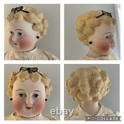 Antique German 20 Dolly Madison Parian China Head Doll Bow Earrings Lace Dress