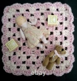 Antique German All Bisque Hertwig Candy Baby Doll withextras Miniature Dollhouse