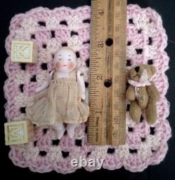 Antique German All Bisque Hertwig Candy Baby Doll withextras Miniature Dollhouse