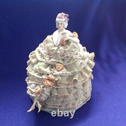 Antique German Bisque Half Doll Pincushion Original Dress W Legs Arms Away