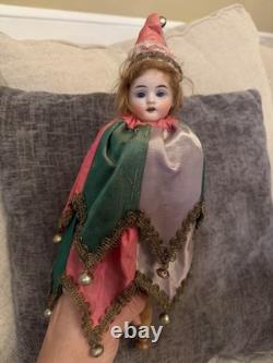 Antique German Bisque Head Musical Marotte Jester Doll Bells Silk Costume c1900