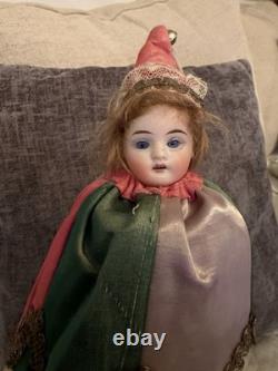 Antique German Bisque Head Musical Marotte Jester Doll Bells Silk Costume c1900