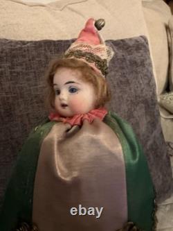 Antique German Bisque Head Musical Marotte Jester Doll Bells Silk Costume c1900