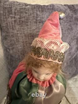 Antique German Bisque Head Musical Marotte Jester Doll Bells Silk Costume c1900 Antique German Bisque Head Musical Marotte Jester Doll Bells Silk Costume c1900