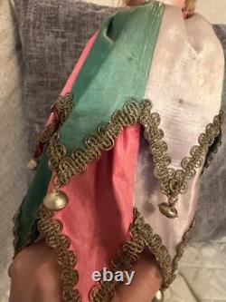 Antique German Bisque Head Musical Marotte Jester Doll Bells Silk Costume c1900