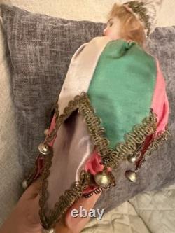 Antique German Bisque Head Musical Marotte Jester Doll Bells Silk Costume c1900