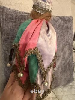 Antique German Bisque Head Musical Marotte Jester Doll Bells Silk Costume c1900
