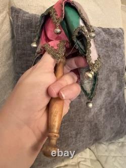 Antique German Bisque Head Musical Marotte Jester Doll Bells Silk Costume c1900