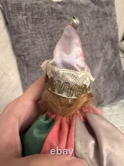 Antique German Bisque Head Musical Marotte Jester Doll Bells Silk Costume c1900