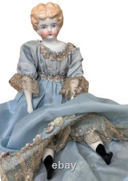 Antique German Blonde Low Brow Porcelain Doll Blue Silk Sequin Gown