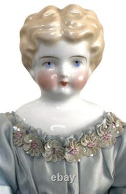 Antique German Blonde Low Brow Porcelain Doll Blue Silk Sequin Gown