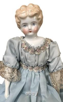 Antique German Blonde Low Brow Porcelain Doll Blue Silk Sequin Gown