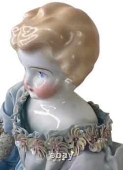 Antique German Blonde Low Brow Porcelain Doll Blue Silk Sequin Gown