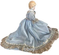 Antique German Blonde Low Brow Porcelain Doll Blue Silk Sequin Gown