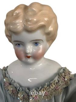 Antique German Blonde Low Brow Porcelain Doll Blue Silk Sequin Gown