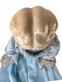 Antique German Blonde Low Brow Porcelain Doll Blue Silk Sequin Gown