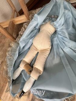 Antique German Blonde Low Brow Porcelain Doll Blue Silk Sequin Gown