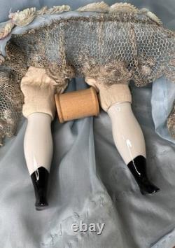 Antique German Blonde Low Brow Porcelain Doll Blue Silk Sequin Gown
