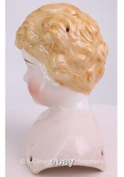 Antique German Blush Bisque Porcelain 5 Doll Head Blonde Curly Hair Kling 189