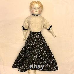 Antique German China Head Doll 23 Cloth Body Low Brow Exposed Ears Blonde 1890s