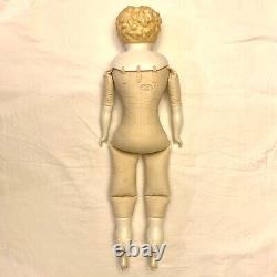 Antique German China Head Doll 23 Cloth Body Low Brow Exposed Ears Blonde 1890s