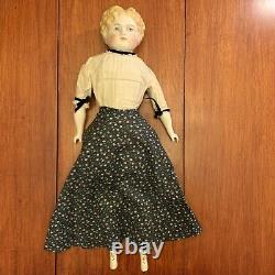 Antique German China Head Doll 23 Cloth Body Low Brow Exposed Ears Blonde 1890s