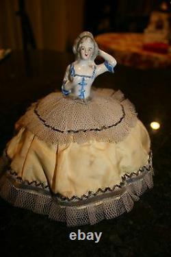 Antique German Half Doll Pin Cushion 7 Marie Antoinette beaded dress/tulle