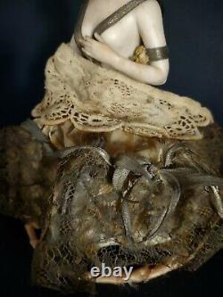 Antique German Parian Porcelain Half Doll Wig Hair Wire Base Old Dress Marked