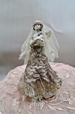 Antique German Porcelain Bride Half Doll In Metallic & Lace Gown Pearl Trim Veil