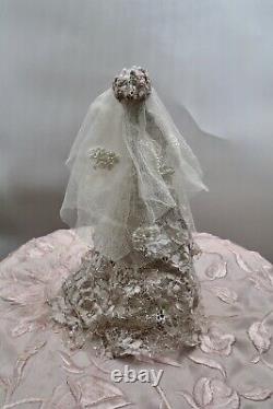 Antique German Porcelain Bride Half Doll In Metallic & Lace Gown Pearl Trim Veil