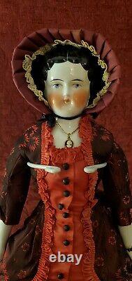 Antique German Porcelain China Head Lady 20 Doll Elaborate Dress Apple Cheeks