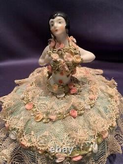 Antique German Porcelain Half Doll Covered with Satin Roses + Lace Pin Cushion