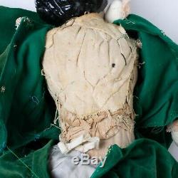 Antique German Porcelain Head Doll Cloth Body Leather Hands Feet 20 Green Dress
