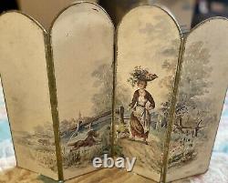 Antique Handpainted Screen Or Room Divider To Display With Lady Fashion Doll