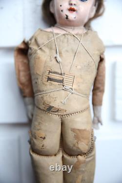 Antique Jointed Doll Stitched Leather blue eyes Creepy Scary RARE