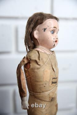 Antique Jointed Doll Stitched Leather blue eyes Creepy Scary RARE
