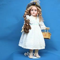 Antique Kestner Porcelain Doll 1890 Closed Mouth & Steiff Teddy & Trousseau