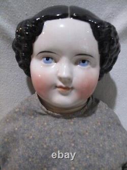 Antique Large China Shoulder Head Girl Doll Old Prairie Dress 34 tall 1880s