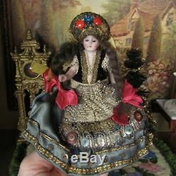 Antique MIGNONETTE DOLL GLASS EYES Hungarian Bride Dress Bisque Porcelain German